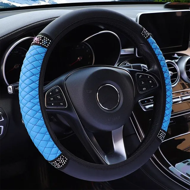 Luxury quilted steering wheel cover with rhinestones