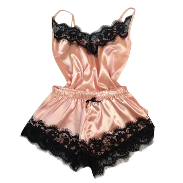 Ladies satin laced pajama set pink-193 s