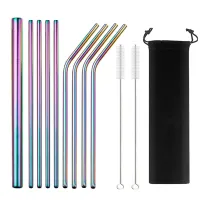 Set of reusable stainless steel straws with sleeve