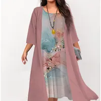Women's Greater Size Double Dress Set Free Time Dress Swing Dress Outdoor Daily Fashion Elegant Print Midi Dress T-shirt 3/4 Sleeve Length Tined Marble Printing Free Pink Water Blue