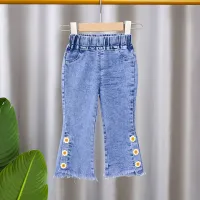 Girls trendy comfortable original denim pants with elastic waist with decorative flower