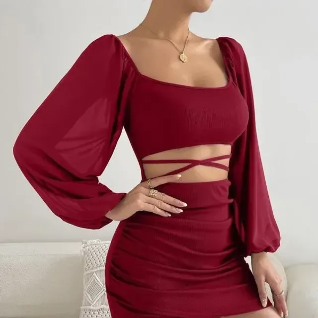 Women's sexy dress with bubble sleeves, square neckline and cut skirt in Y2K style